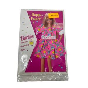 Vintage 1995 Barbie HAPPY EASTER Outfit Greeting Card PINK BABY Chick LACE Dress